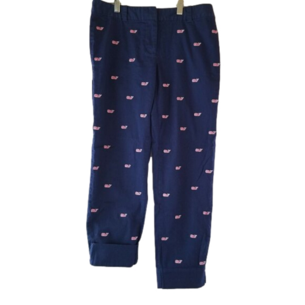 Vineyard Vines Blue Cropped Straight Leg Pants With Pink Embroidered Whales 0